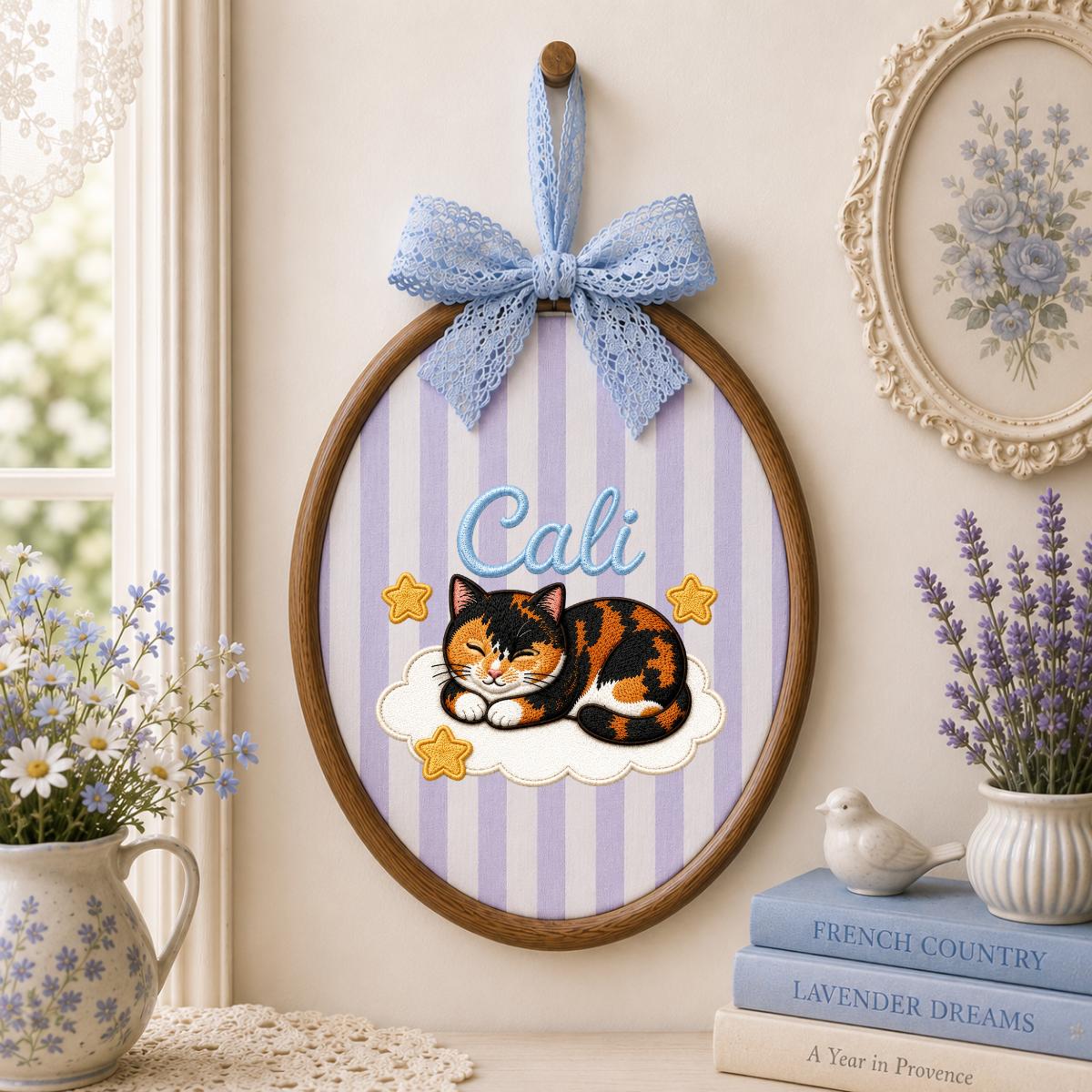 Personalized Calico Cat Embroidery Hoop Art, Custom Name Cloud Nursery Decor Cali Cat Gift
