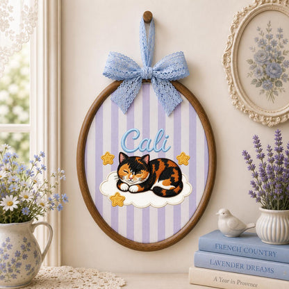 Personalized Calico Cat Embroidery Hoop Art, Custom Name Cloud Nursery Decor Cali Cat Gift