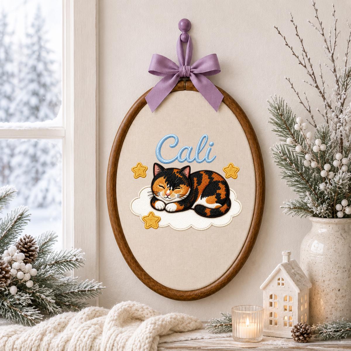 Personalized Calico Cat Embroidery Hoop Art, Custom Name Cloud Nursery Decor Cali Cat Gift