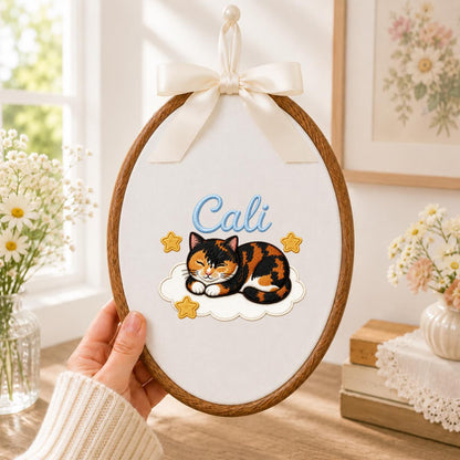 Personalized Calico Cat Embroidery Hoop Art, Custom Name Cloud Nursery Decor Cali Cat Gift
