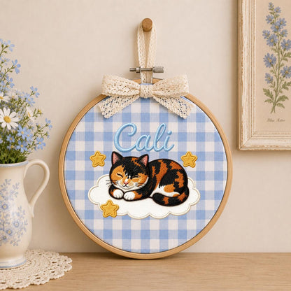 Personalized Calico Cat Embroidery Hoop Art, Custom Name Cloud Nursery Decor Cali Cat Gift