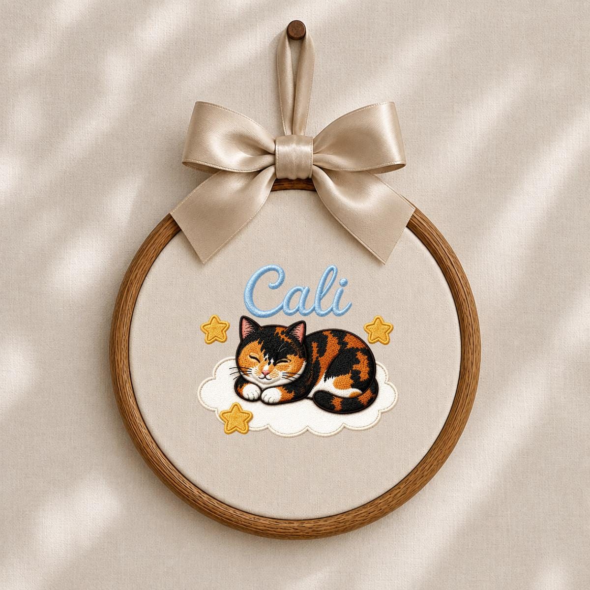 Personalized Calico Cat Embroidery Hoop Art, Custom Name Cloud Nursery Decor Cali Cat Gift