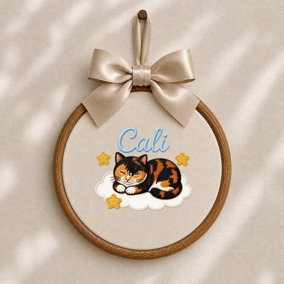 Personalized Calico Cat Embroidery Hoop Art, Custom Name Cloud Nursery Decor Cali Cat Gift