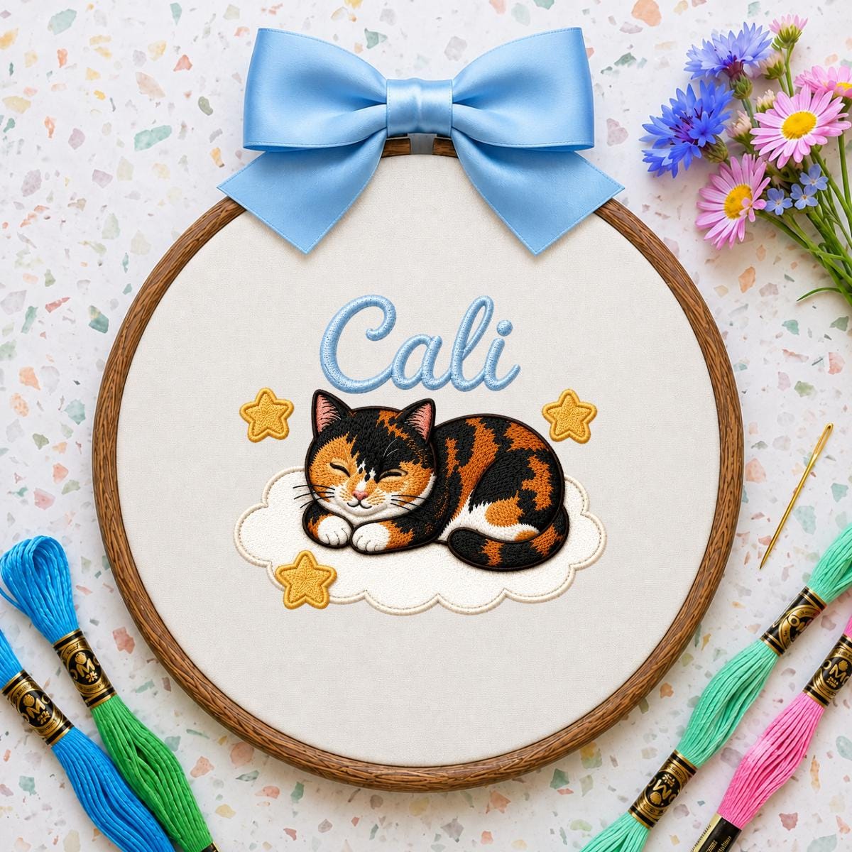 Personalized Calico Cat Embroidery Hoop Art, Custom Name Cloud Nursery Decor Cali Cat Gift