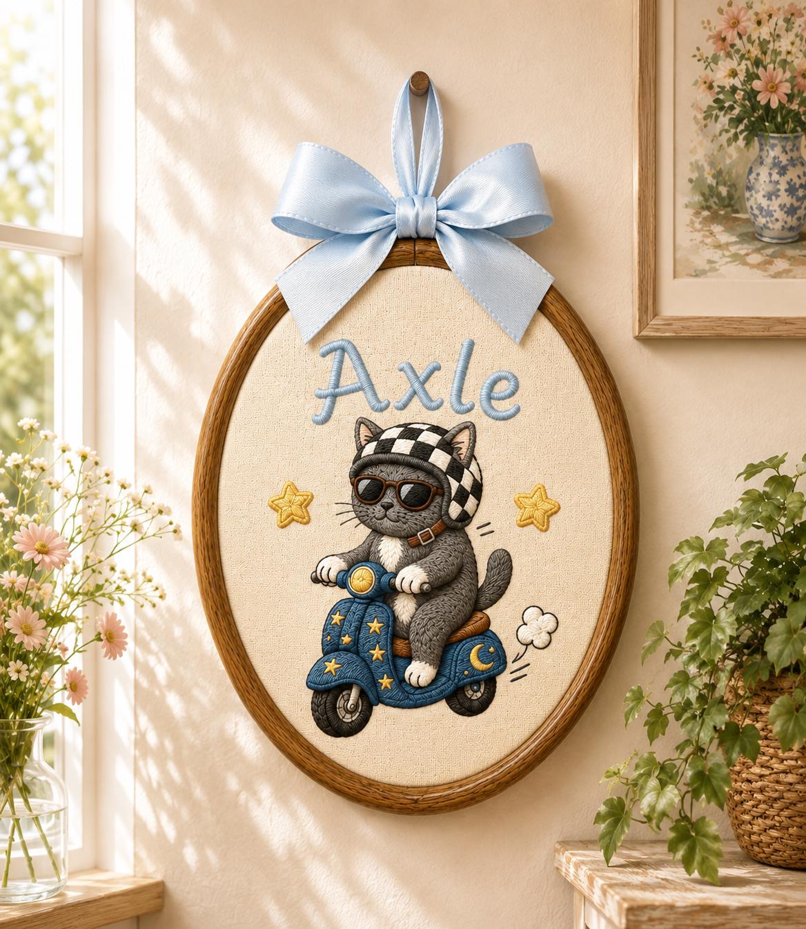 Personalized Cat Scooter Embroidery Hoop Art, Custom Name Biker Kitten Wall Hanging