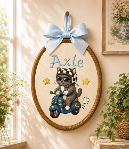 Personalized Cat Scooter Embroidery Hoop Art, Custom Name Biker Kitten Wall Hanging