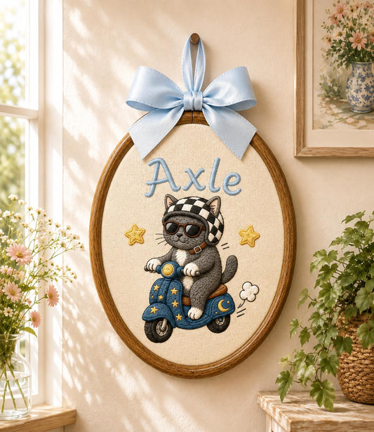 Personalized Cat Scooter Embroidery Hoop Art, Custom Name Biker Kitten Wall Hanging