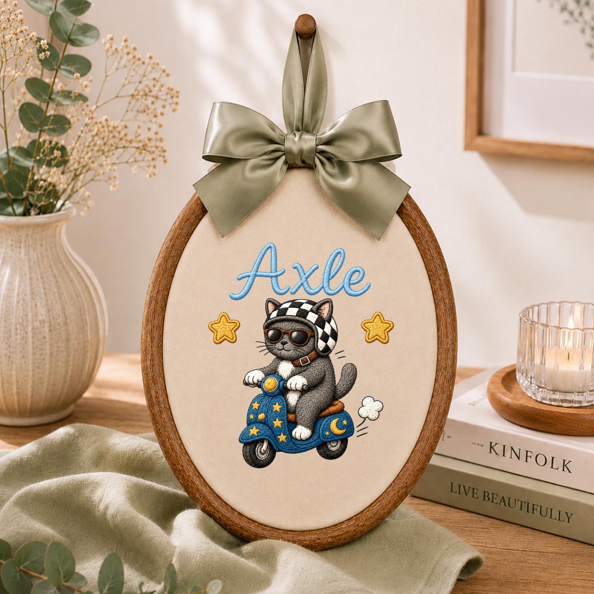 Personalized Cat Scooter Embroidery Hoop Art, Custom Name Biker Kitten Wall Hanging