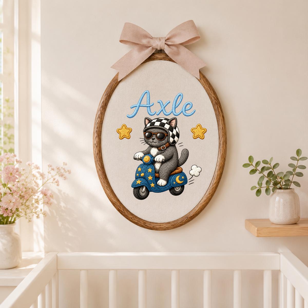 Personalized Cat Scooter Embroidery Hoop Art, Custom Name Biker Kitten Wall Hanging