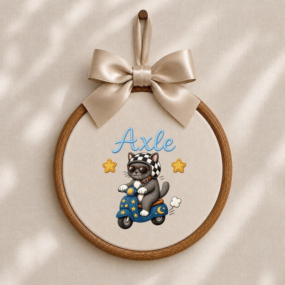 Personalized Cat Scooter Embroidery Hoop Art, Custom Name Biker Kitten Wall Hanging