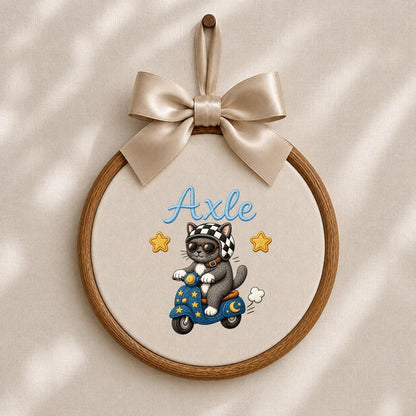 Personalized Cat Scooter Embroidery Hoop Art, Custom Name Biker Kitten Wall Hanging