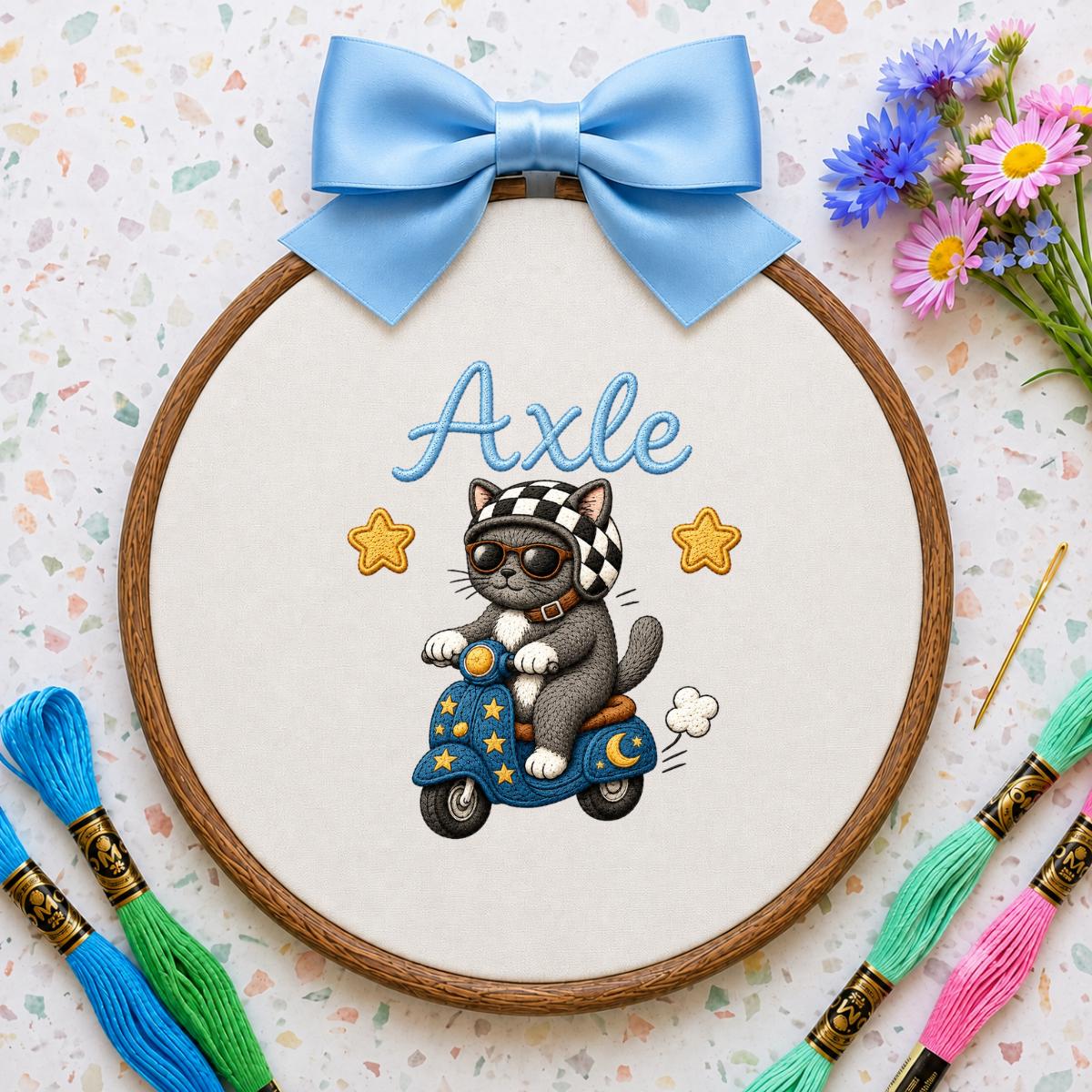 Personalized Cat Scooter Embroidery Hoop Art, Custom Name Biker Kitten Wall Hanging
