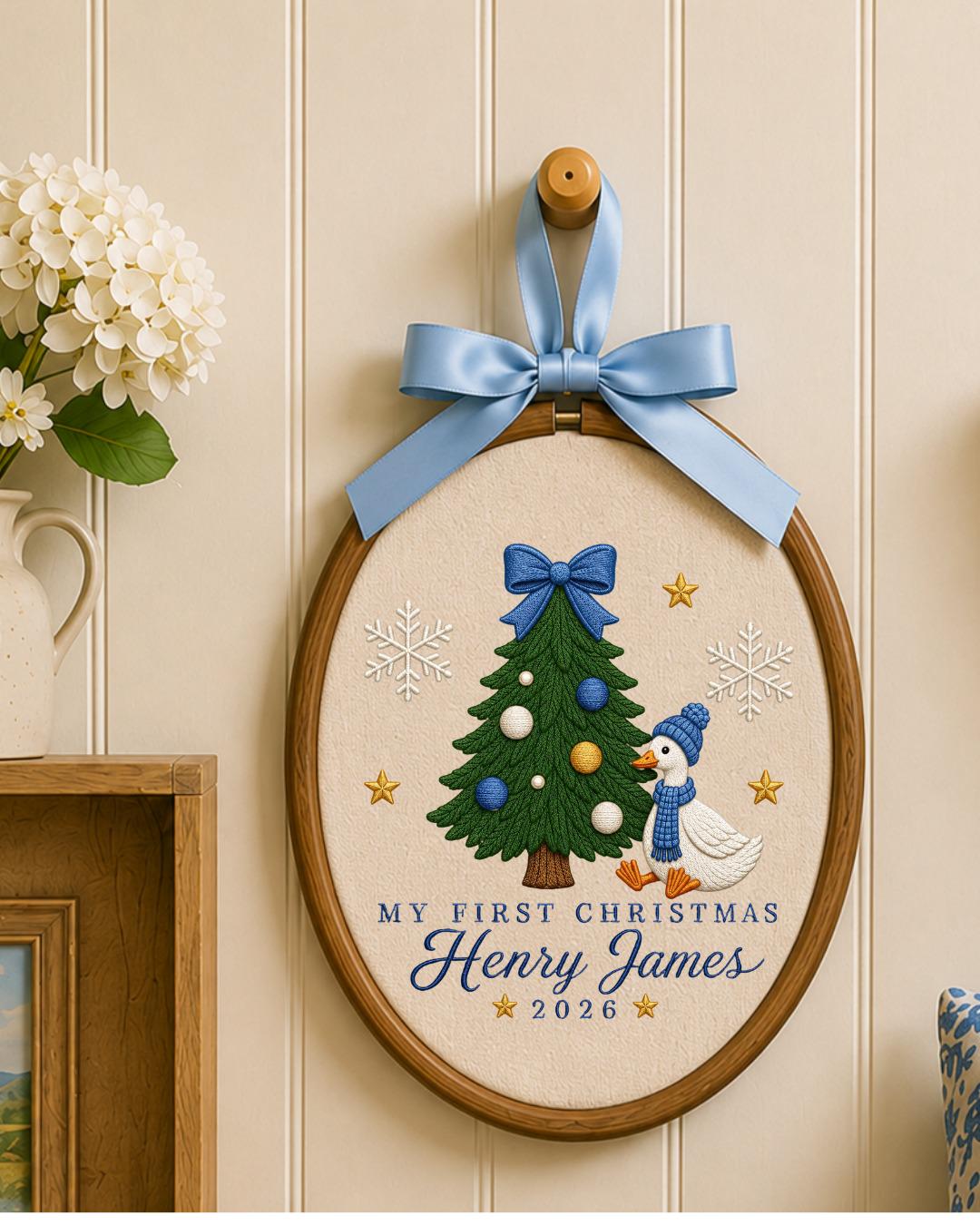 Personalized Embroidered First Christmas Ornament, Custom Baby Name Goose Hoop, Baby Boy Christmas 2026 Keepsake, Holiday Nursery Decor