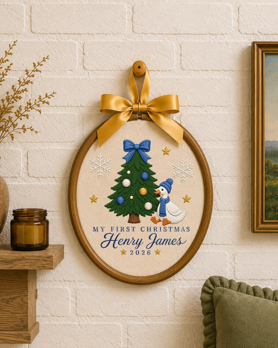 Personalized Embroidered First Christmas Ornament, Custom Baby Name Goose Hoop, Baby Boy Christmas 2026 Keepsake, Holiday Nursery Decor