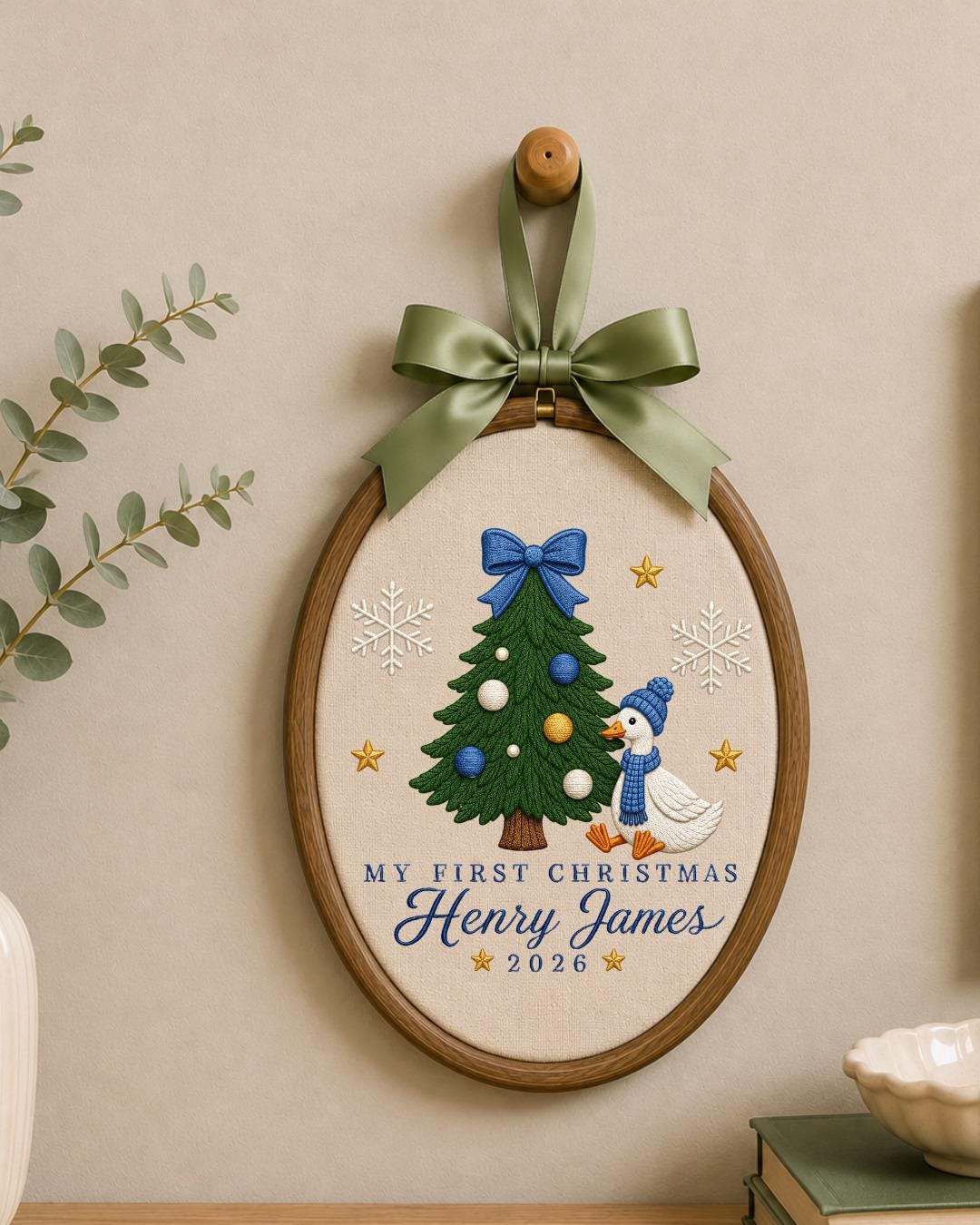 Personalized Embroidered First Christmas Ornament, Custom Baby Name Goose Hoop, Baby Boy Christmas 2026 Keepsake, Holiday Nursery Decor