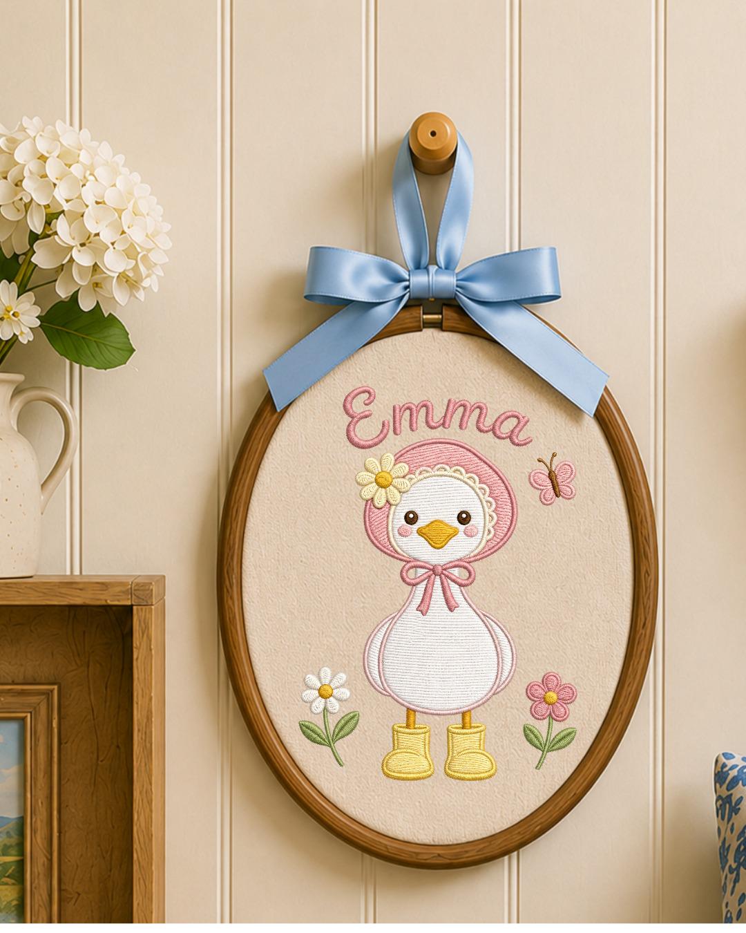 Personalized Embroidered Duck Ornament, Custom Baby Name Hoop, Floral Baby Girl Nursery Decor, Newborn Keepsake Gift
