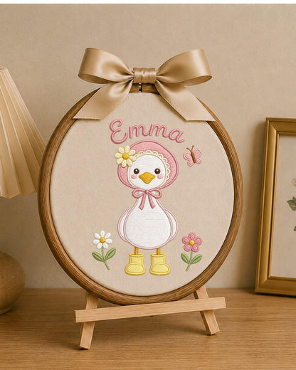 Personalized Embroidered Duck Ornament, Custom Baby Name Hoop, Floral Baby Girl Nursery Decor, Newborn Keepsake Gift