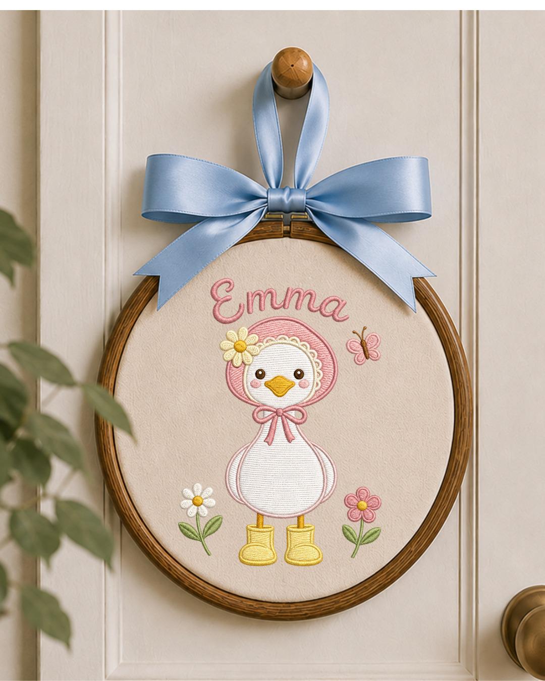 Personalized Embroidered Duck Ornament, Custom Baby Name Hoop, Floral Baby Girl Nursery Decor, Newborn Keepsake Gift