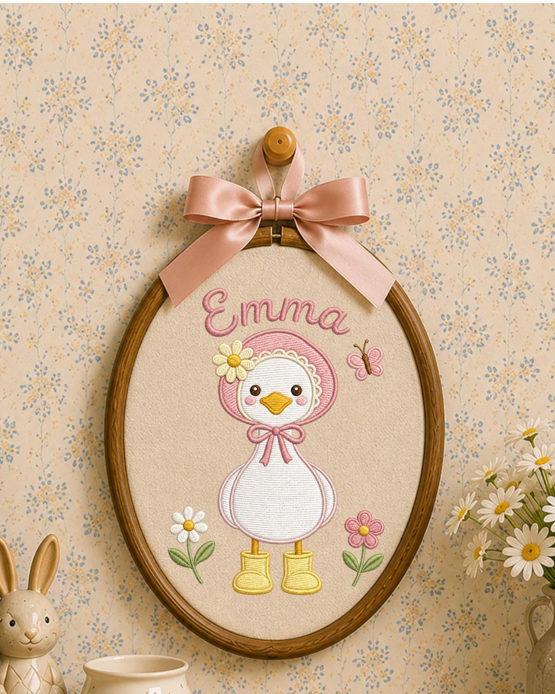 Personalized Embroidered Duck Ornament, Custom Baby Name Hoop, Floral Baby Girl Nursery Decor, Newborn Keepsake Gift