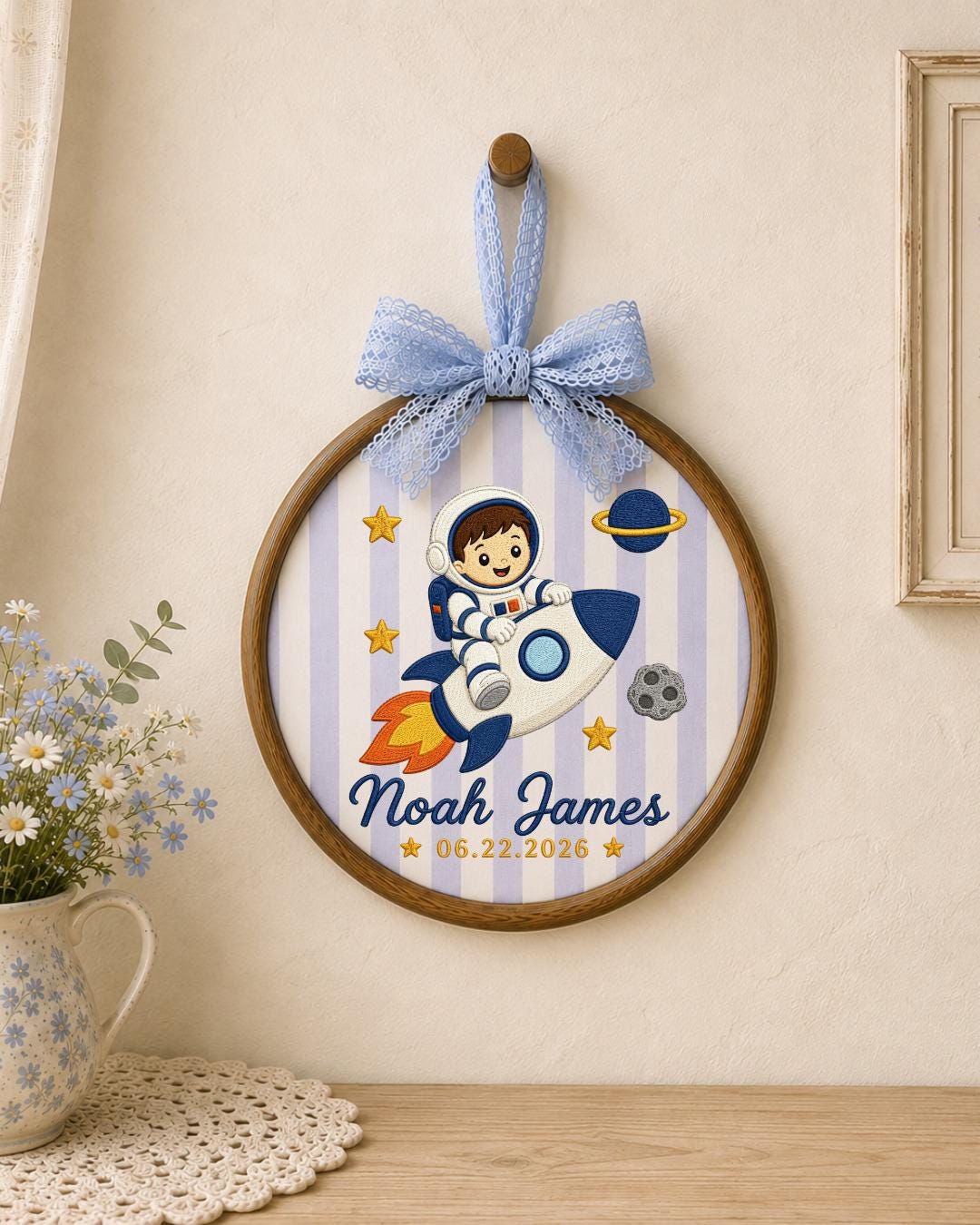 Personalized Embroidered Astronaut Ornament, Custom Baby Name and Birth Date Hoop, Space Nursery Decor, Baby Boy Keepsake Gift