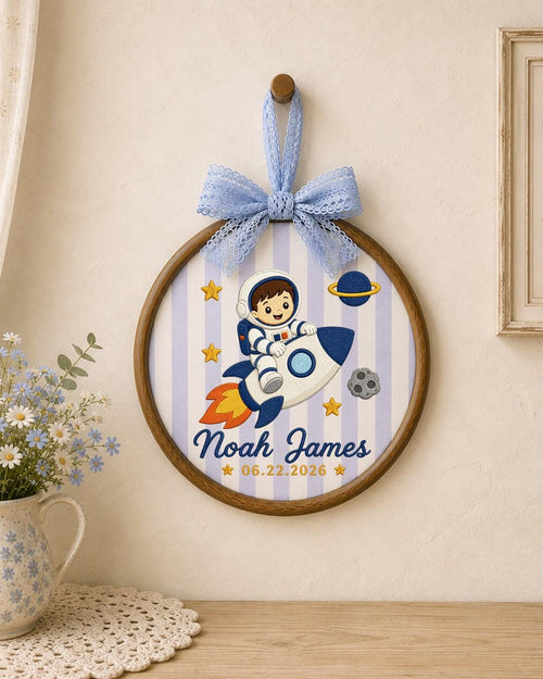 Personalized Embroidered Astronaut Ornament, Custom Baby Name and Birth Date Hoop, Space Nursery Decor, Baby Boy Keepsake Gift