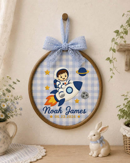 Personalized Embroidered Astronaut Ornament, Custom Baby Name and Birth Date Hoop, Space Nursery Decor, Baby Boy Keepsake Gift