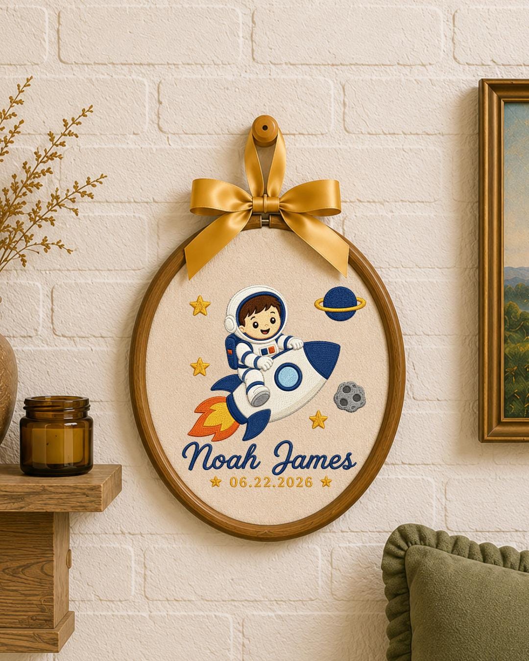 Personalized Embroidered Astronaut Ornament, Custom Baby Name and Birth Date Hoop, Space Nursery Decor, Baby Boy Keepsake Gift