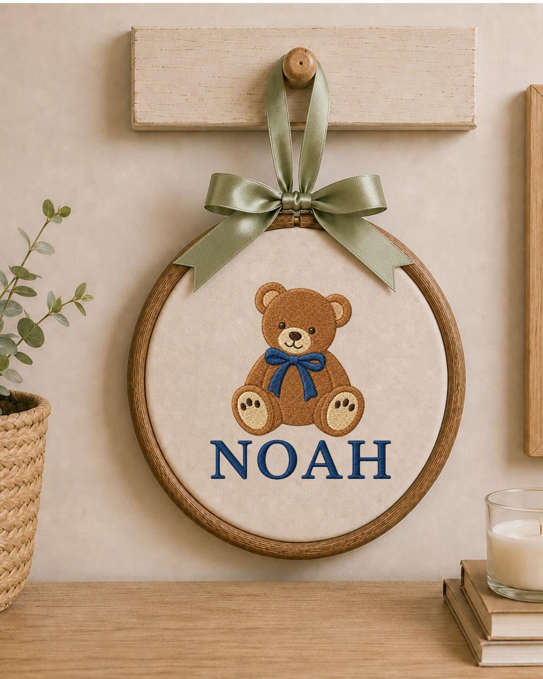 Personalized Embroidered Teddy Bear Ornament, Custom Baby Name Hoop, Classic Bear Nursery Decor, Baby Boy Gift, Newborn Keepsake