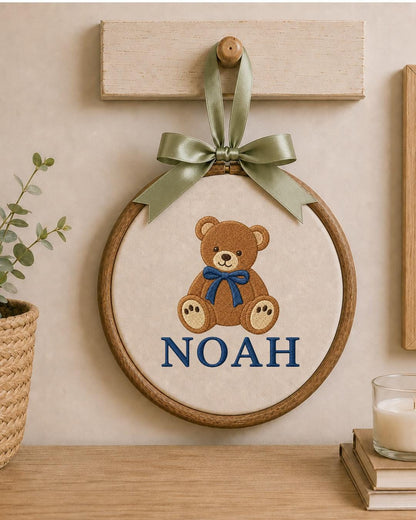 Personalized Embroidered Teddy Bear Ornament, Custom Baby Name Hoop, Classic Bear Nursery Decor, Baby Boy Gift, Newborn Keepsake