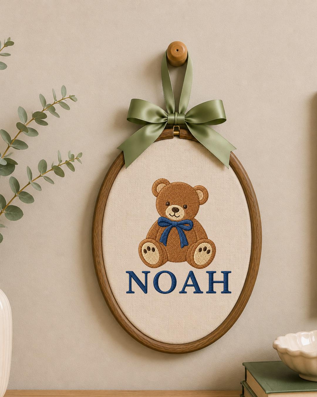 Personalized Embroidered Teddy Bear Ornament, Custom Baby Name Hoop, Classic Bear Nursery Decor, Baby Boy Gift, Newborn Keepsake