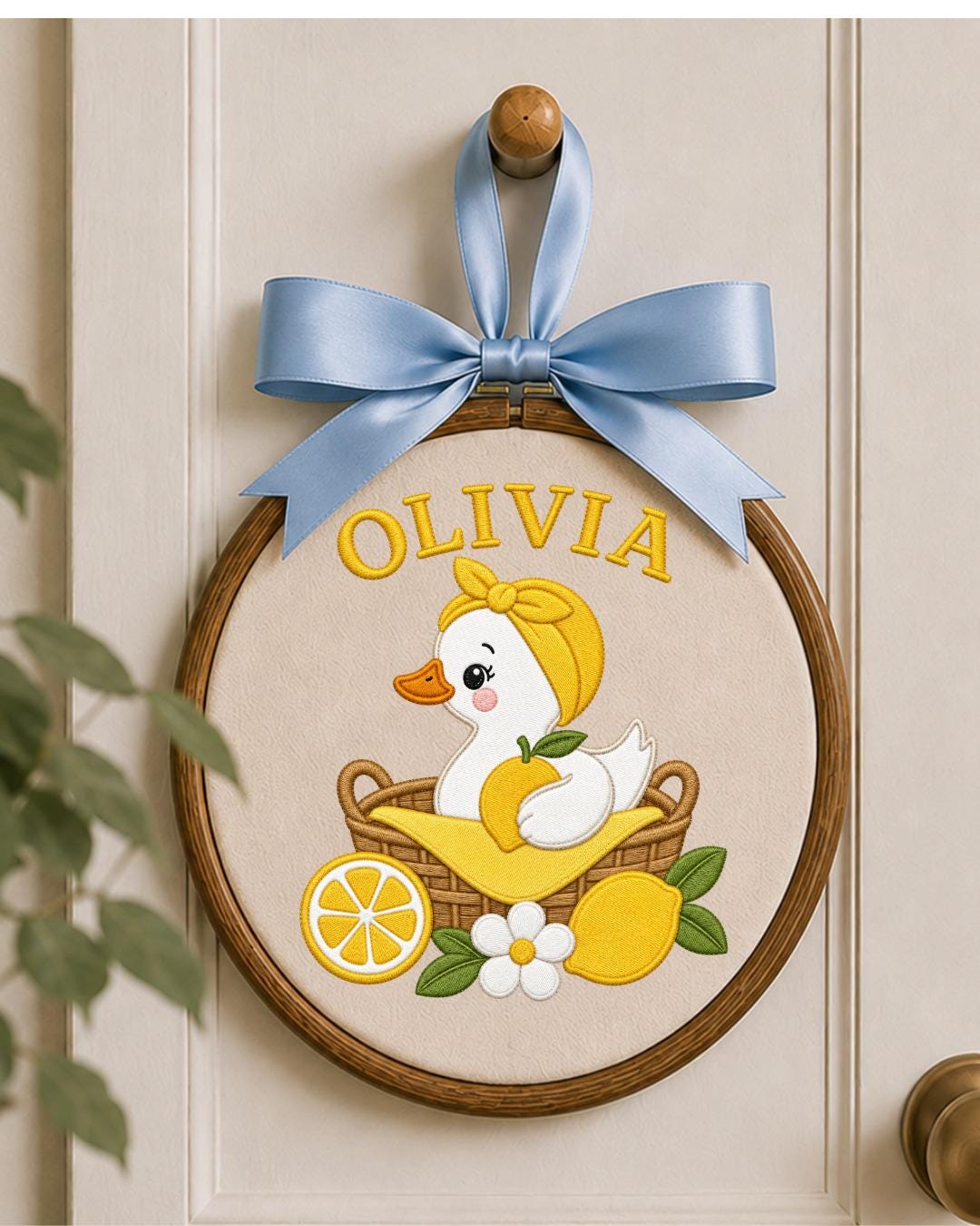 Personalized Embroidered Duck Ornament, Custom Baby Name Hoop, Lemon Nursery Decor, Baby Girl Gift, Summer Newborn Keepsake