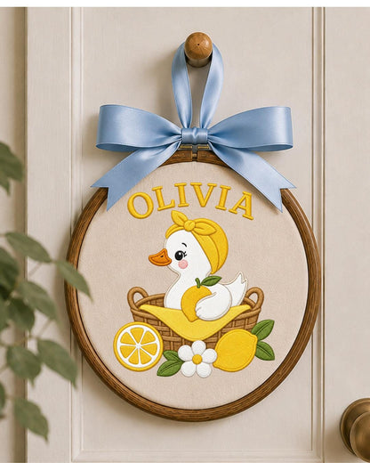 Personalized Embroidered Duck Ornament, Custom Baby Name Hoop, Lemon Nursery Decor, Baby Girl Gift, Summer Newborn Keepsake