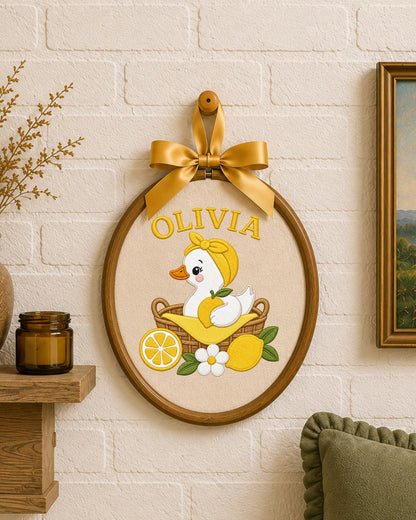 Personalized Embroidered Duck Ornament, Custom Baby Name Hoop, Lemon Nursery Decor, Baby Girl Gift, Summer Newborn Keepsake
