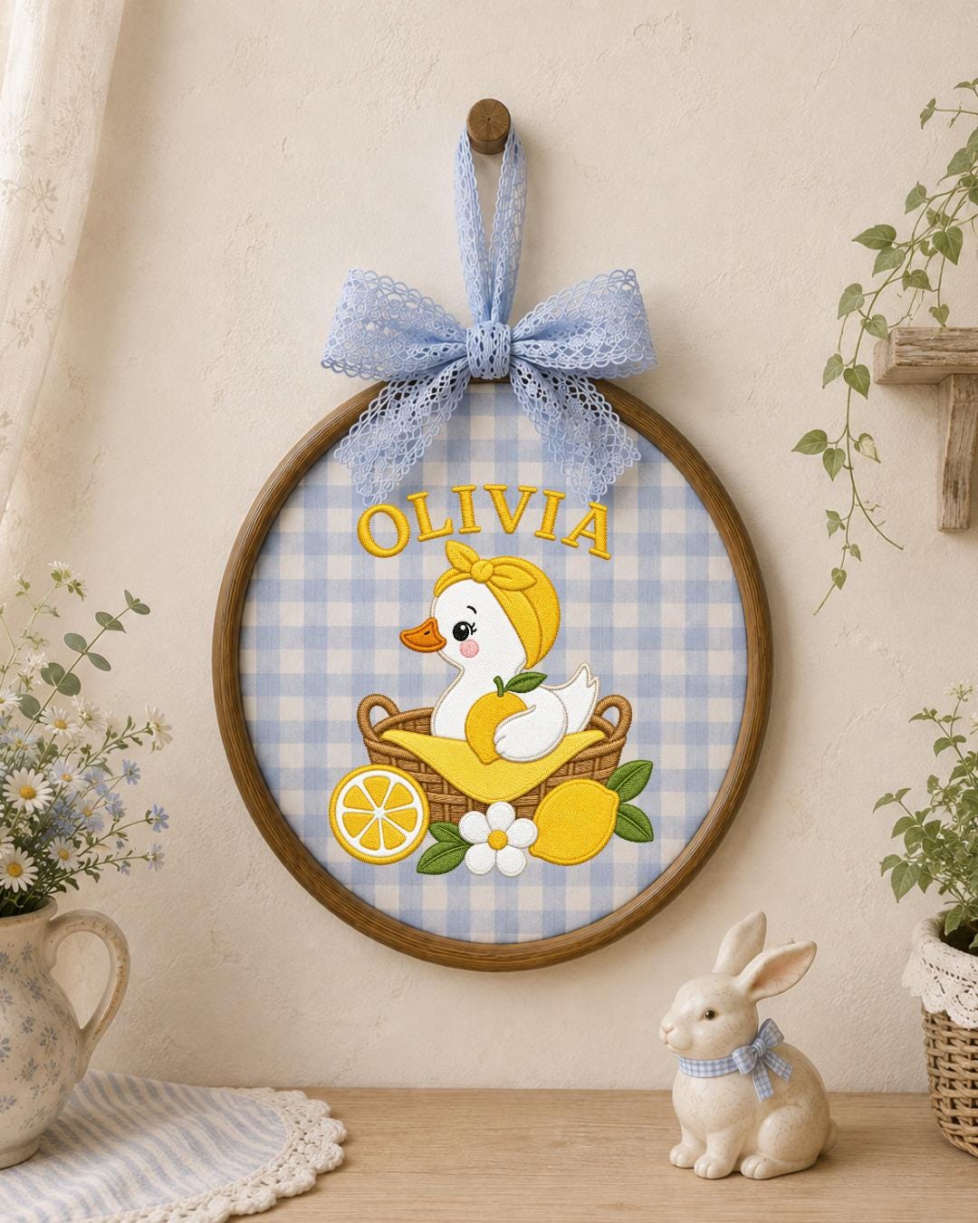 Personalized Embroidered Duck Ornament, Custom Baby Name Hoop, Lemon Nursery Decor, Baby Girl Gift, Summer Newborn Keepsake