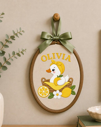 Personalized Embroidered Duck Ornament, Custom Baby Name Hoop, Lemon Nursery Decor, Baby Girl Gift, Summer Newborn Keepsake