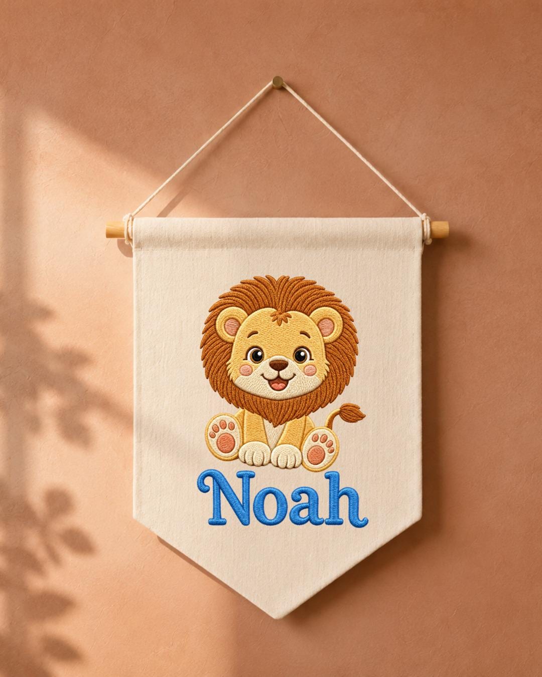 Personalized Lion Nursery Wall Hanging, Embroidered Custom Name Banner, Safari Baby Boy Room Decor, Jungle Animal Baby Shower Gift