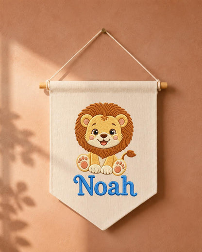 Personalized Lion Nursery Wall Hanging, Embroidered Custom Name Banner, Safari Baby Boy Room Decor, Jungle Animal Baby Shower Gift