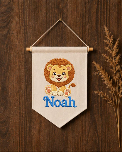Personalized Lion Nursery Wall Hanging, Embroidered Custom Name Banner, Safari Baby Boy Room Decor, Jungle Animal Baby Shower Gift