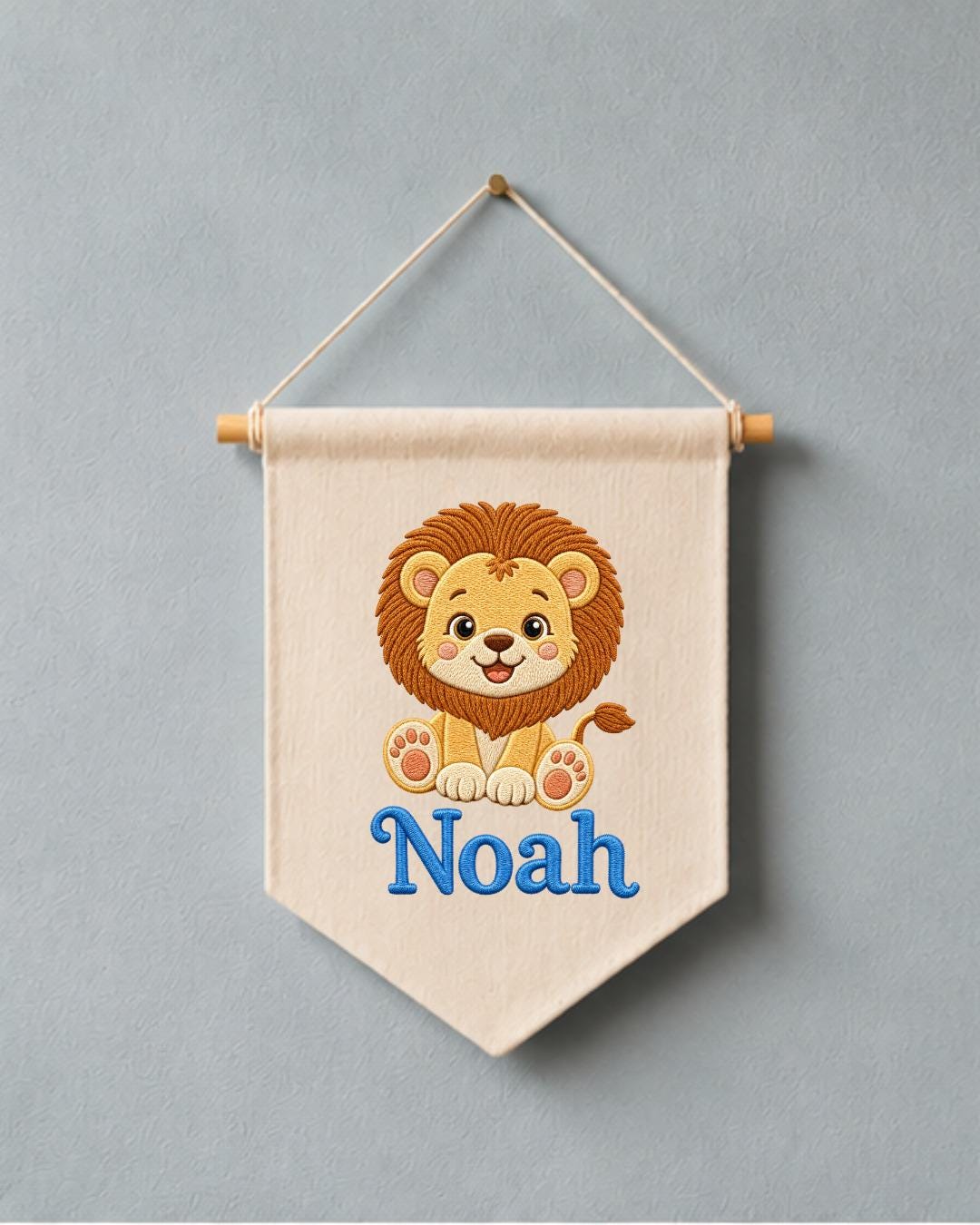 Personalized Lion Nursery Wall Hanging, Embroidered Custom Name Banner, Safari Baby Boy Room Decor, Jungle Animal Baby Shower Gift