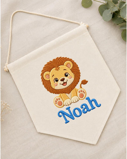 Personalized Lion Nursery Wall Hanging, Embroidered Custom Name Banner, Safari Baby Boy Room Decor, Jungle Animal Baby Shower Gift