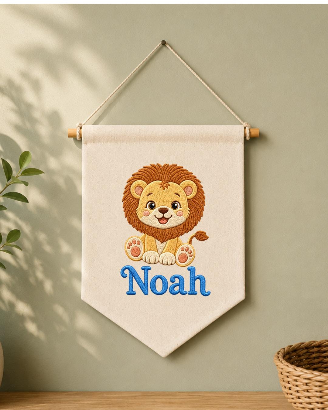 Personalized Lion Nursery Wall Hanging, Embroidered Custom Name Banner, Safari Baby Boy Room Decor, Jungle Animal Baby Shower Gift