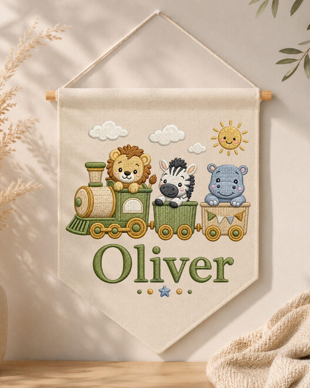 Personalized Safari Train Wall Hanging, Embroidered Custom Name Banner, Jungle Animal Nursery Decor, Baby Boy Room Gift