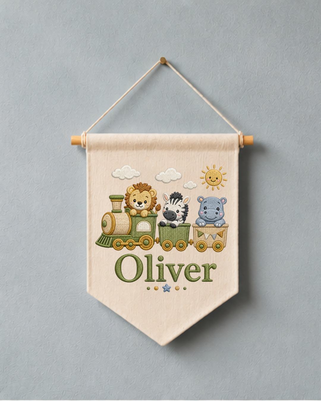 Personalized Safari Train Wall Hanging, Embroidered Custom Name Banner, Jungle Animal Nursery Decor, Baby Boy Room Gift
