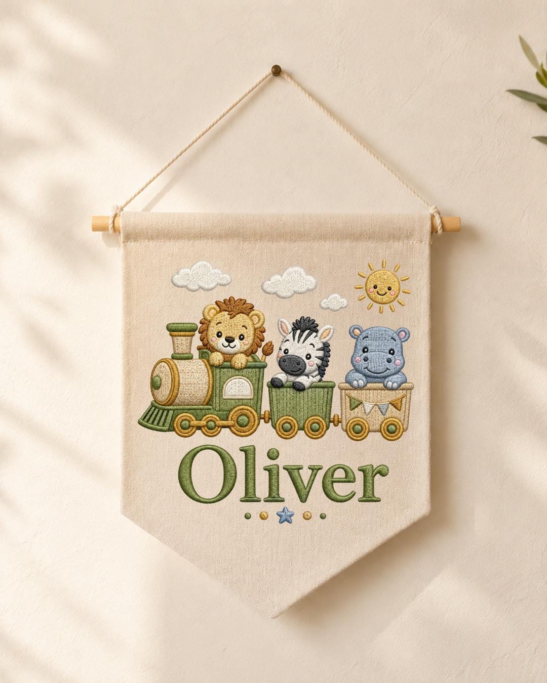 Personalized Safari Train Wall Hanging, Embroidered Custom Name Banner, Jungle Animal Nursery Decor, Baby Boy Room Gift