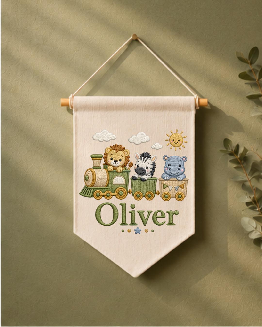 Personalized Safari Train Wall Hanging, Embroidered Custom Name Banner, Jungle Animal Nursery Decor, Baby Boy Room Gift