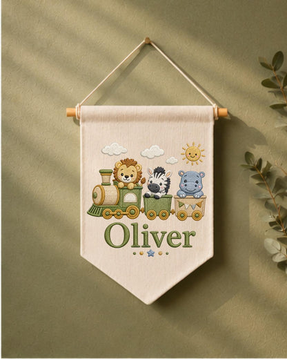 Personalized Safari Train Wall Hanging, Embroidered Custom Name Banner, Jungle Animal Nursery Decor, Baby Boy Room Gift