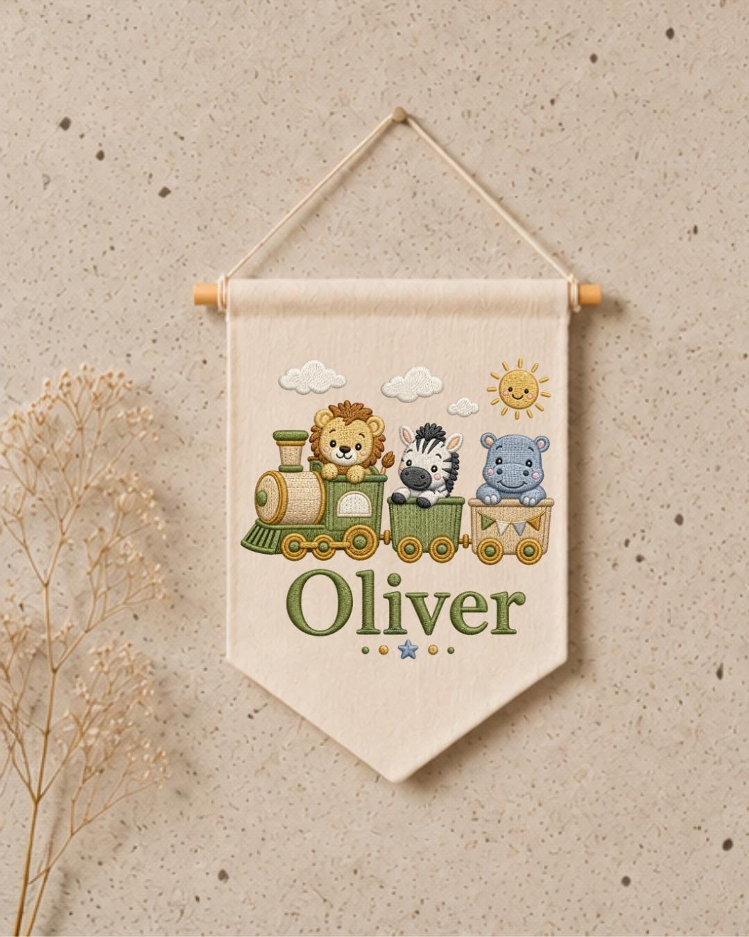 Personalized Safari Train Wall Hanging, Embroidered Custom Name Banner, Jungle Animal Nursery Decor, Baby Boy Room Gift