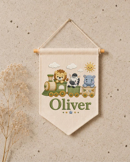 Personalized Safari Train Wall Hanging, Embroidered Custom Name Banner, Jungle Animal Nursery Decor, Baby Boy Room Gift