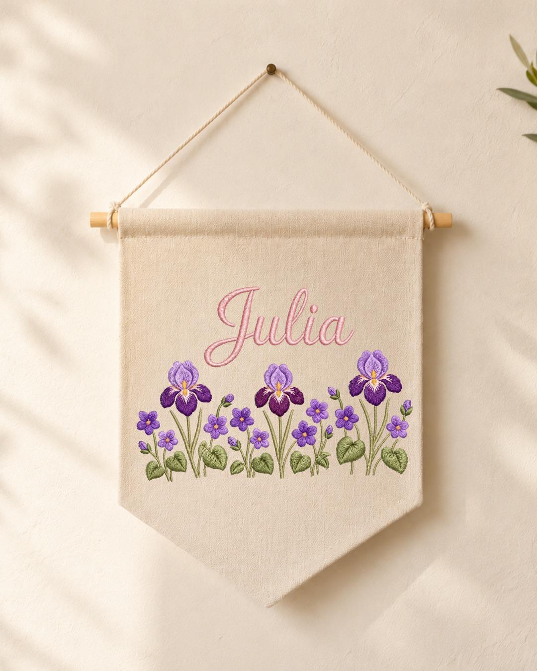 Personalized Iris Flower Wall Hanging, Embroidered Custom Name Banner, Purple Floral Nursery Decor, Botanical Baby Girl Room Gift