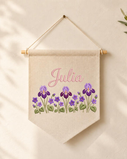 Personalized Iris Flower Wall Hanging, Embroidered Custom Name Banner, Purple Floral Nursery Decor, Botanical Baby Girl Room Gift